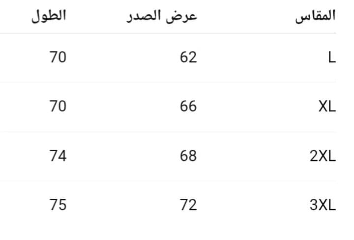 جدول المقاسات
