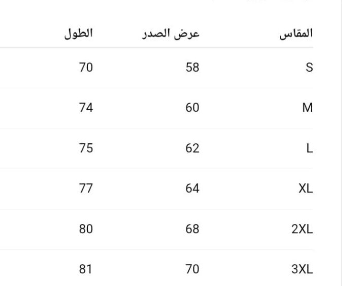 جدول المقاسات