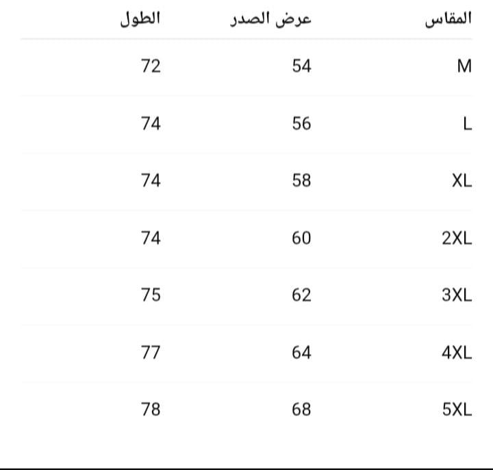 جدول المقاسات